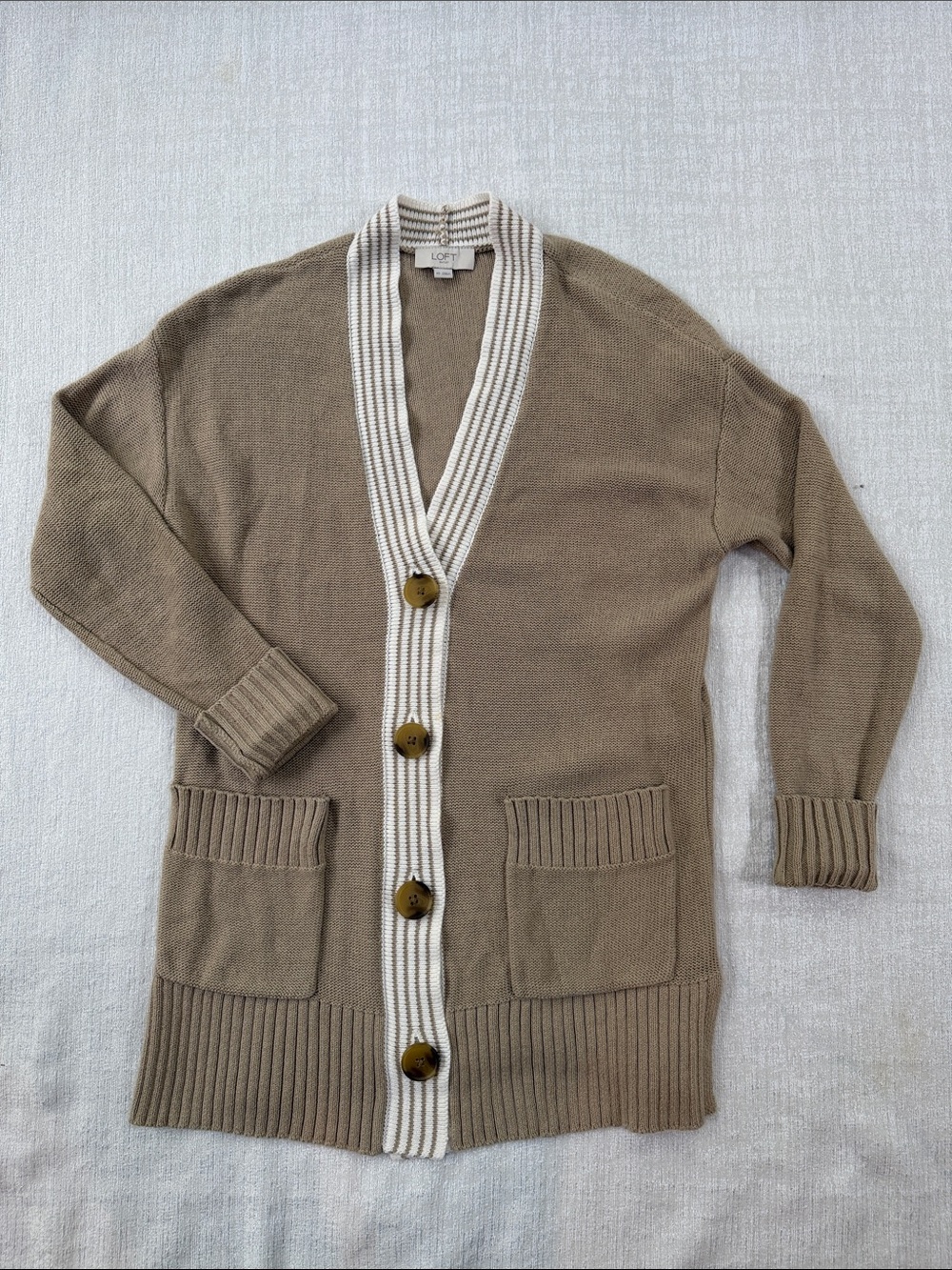 LOFT Taupe Cardigan with Cream Trim